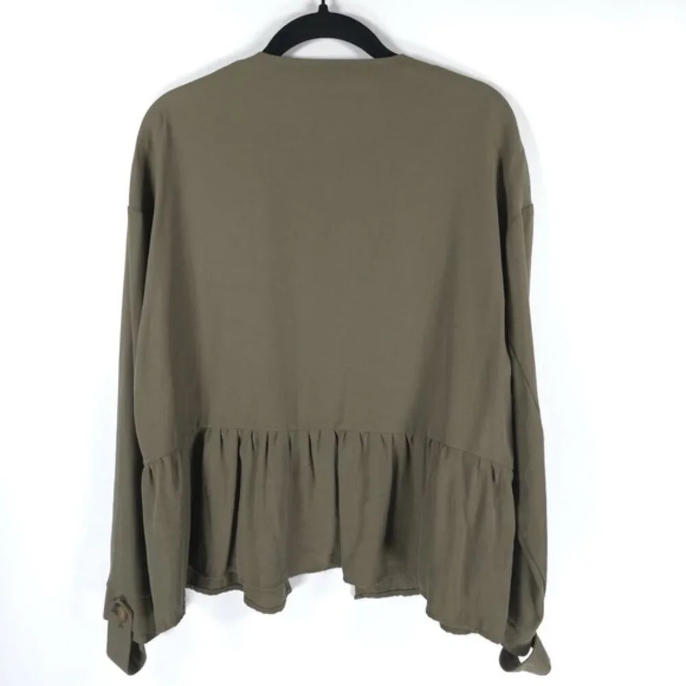 NWT ZARA Viscose Blend Ruffle Peplum Army Green Jacket Open Front 4968/068/M‎